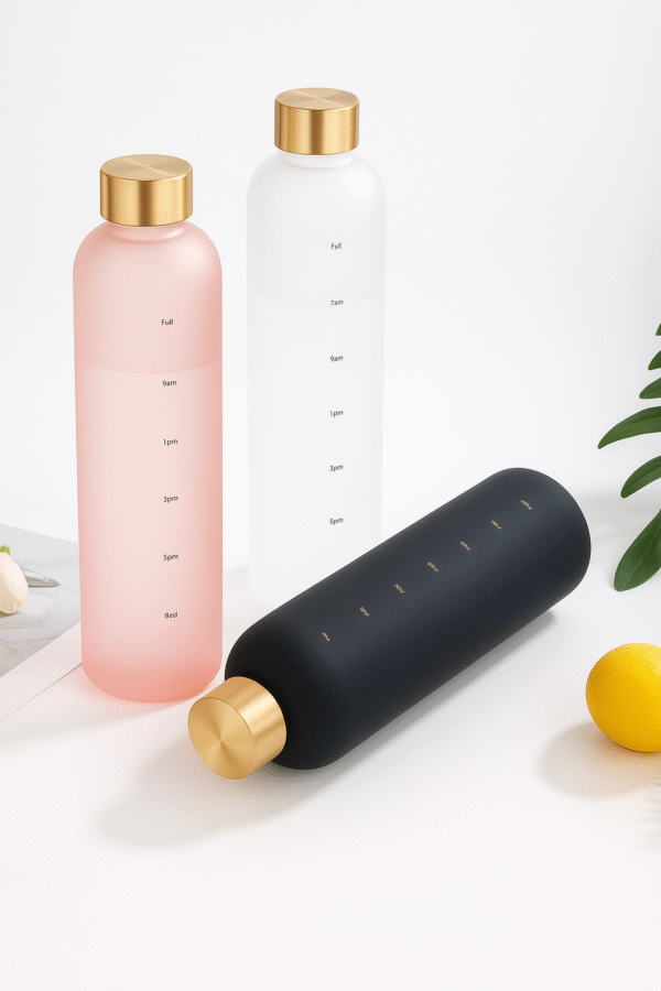 Frosted Motivation Water Bottle with Time Markers & Gold Lid