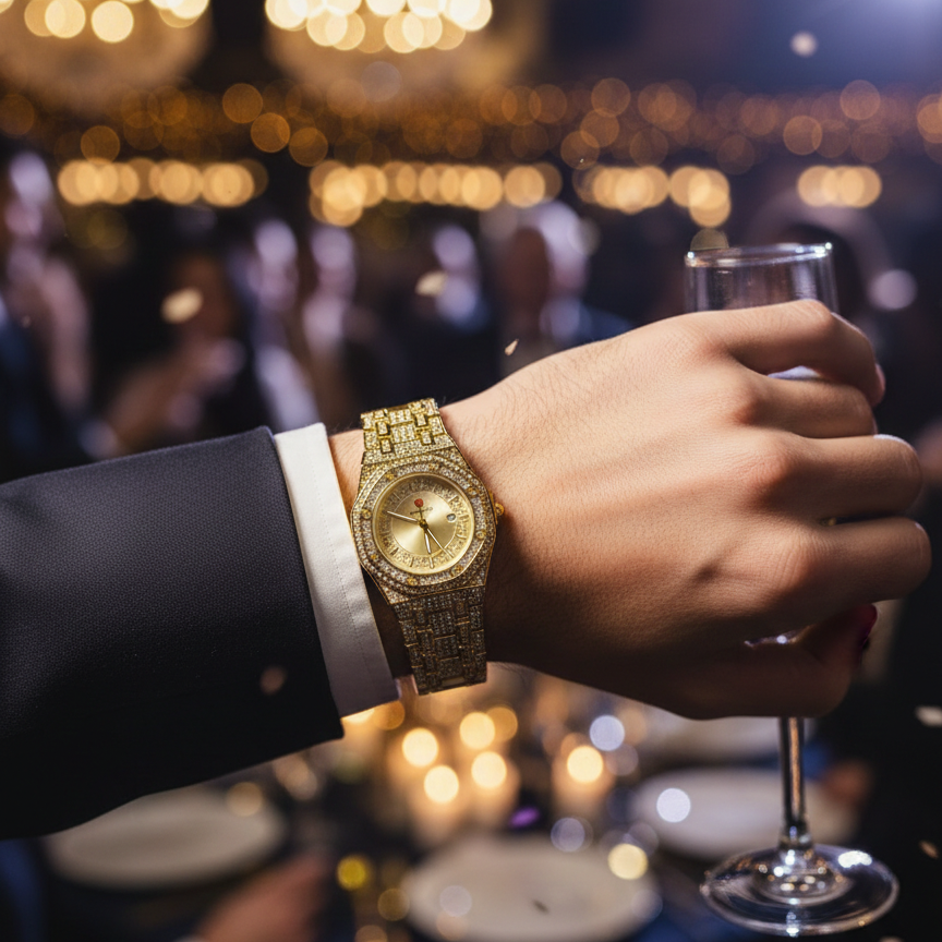 Luxury Gold Diamond Wrist Watch Quartz Unisex Style