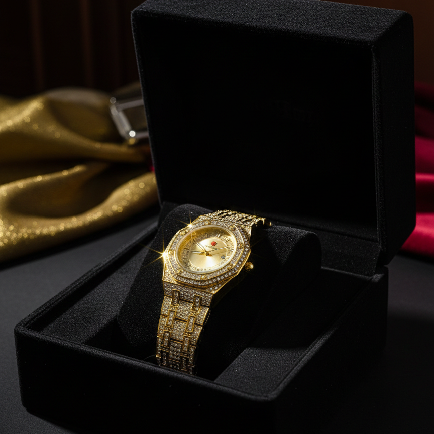 Luxury Gold Diamond Wrist Watch Quartz Unisex Style
