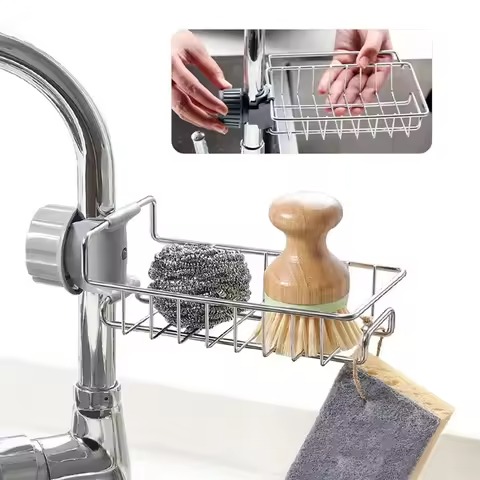 Stainless Steel Adjustable Kitchen Faucet Sponge Holder – Multifunctional Sink Storage Organizer