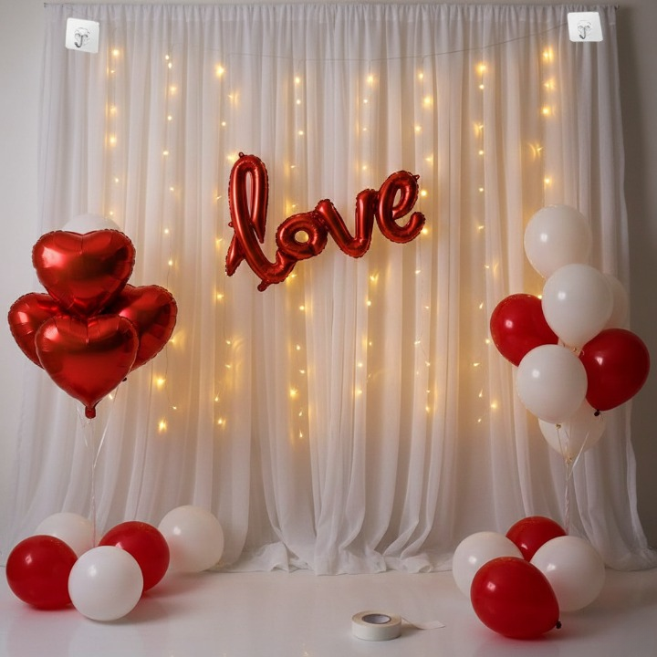Romantic Tent Decoration Set – 32 Pcs LED Lights, Balloons & Backdrop for Bedroom