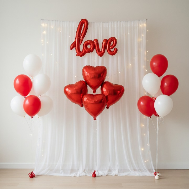 Romantic Tent Decoration Set – 32 Pcs LED Lights, Balloons & Backdrop for Bedroom