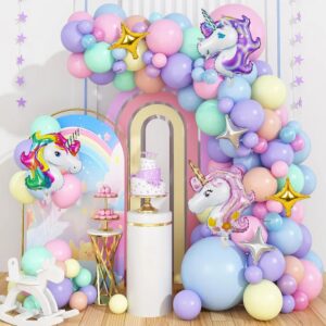 57 Pcs Pastel Unicorn Birthday Decoration Set With Balloon Garland, Foil Unicorn And Star Balloons For Girls Party