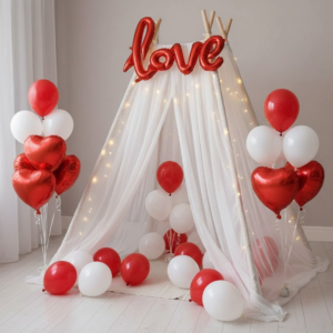Romantic Tent Decoration Set – 32 Pcs LED Lights, Balloons & Backdrop for Bedroom