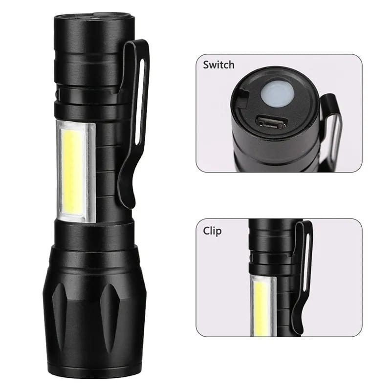 Portable LED Flashlight – Rechargeable Mini Torch with Side Light